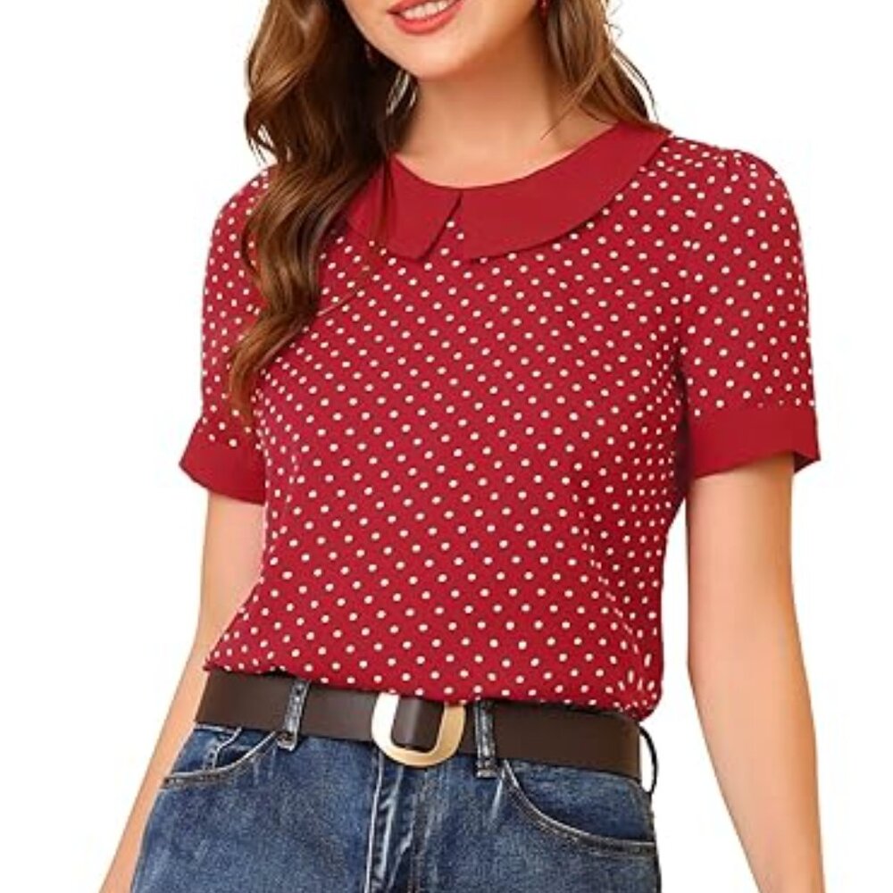 Allegra K Women's Peter Pan Collar Shirt Vintage 1950s Polka Dots Blouse